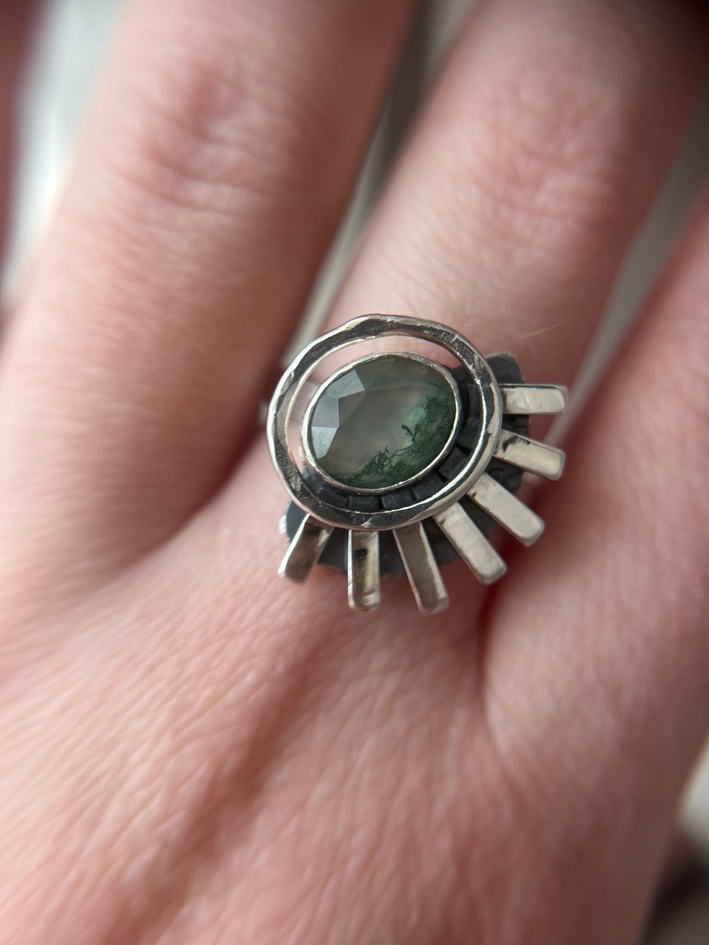 moss agate oval rays ring