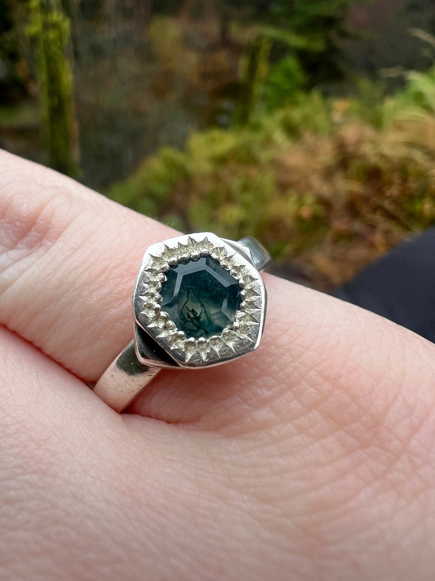 moss agate bead hexagon ring