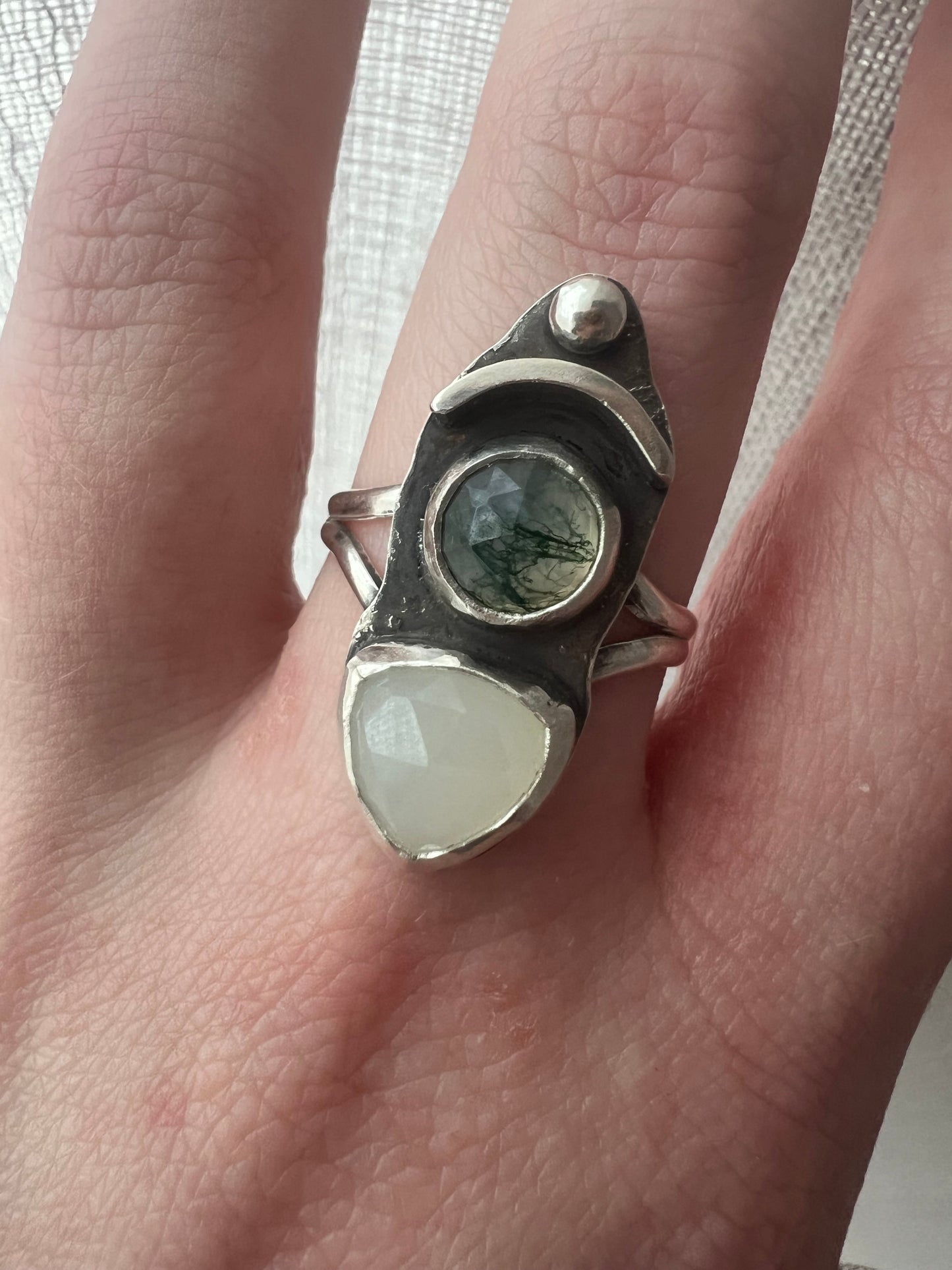 moonstone trillion moss agate round ring