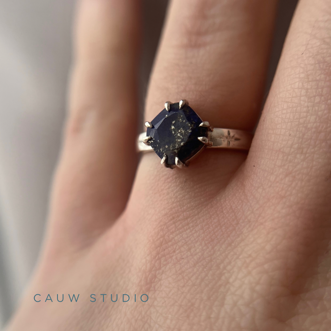 lapis lazuli cushion double prong ring - prototype