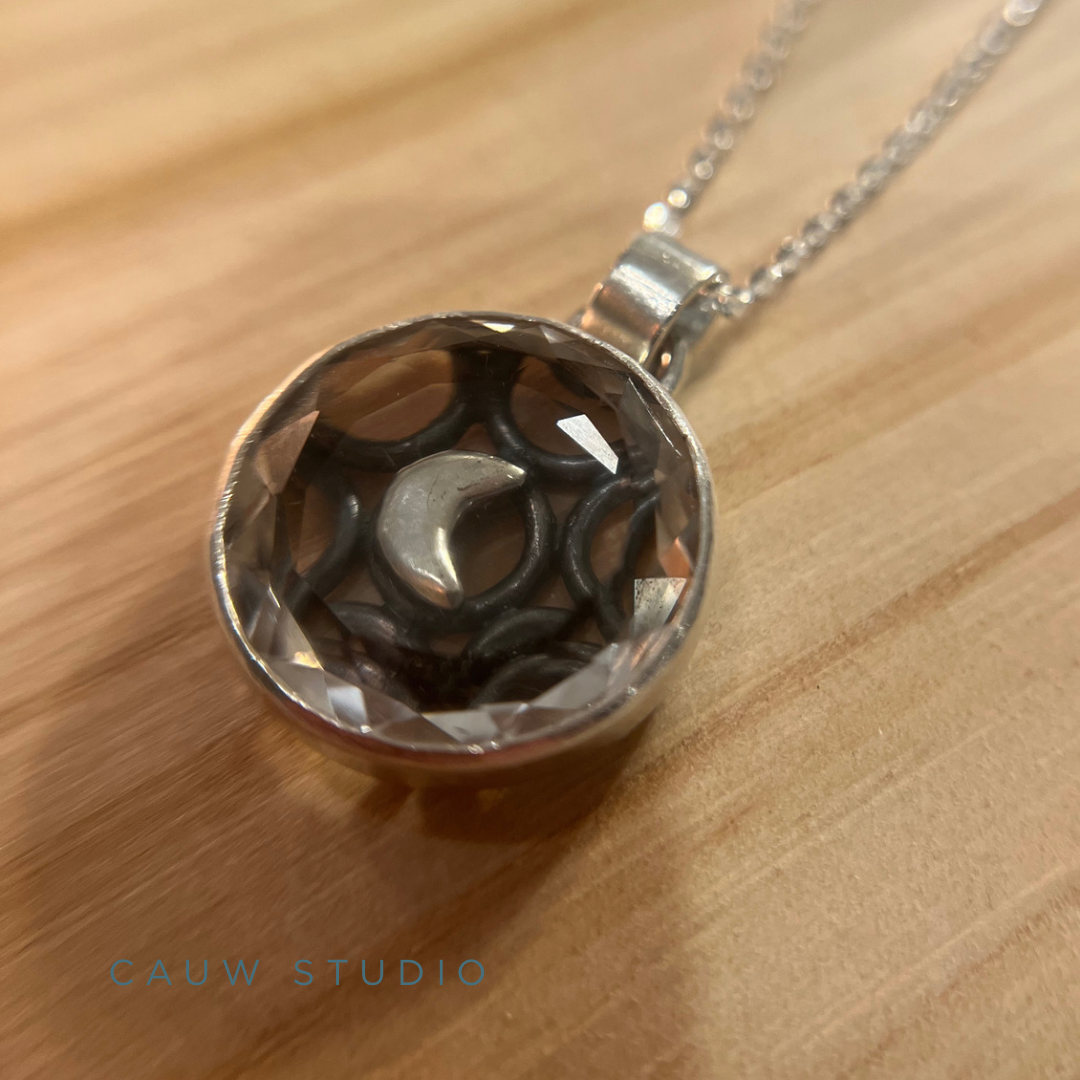quartz portait circle moon necklace