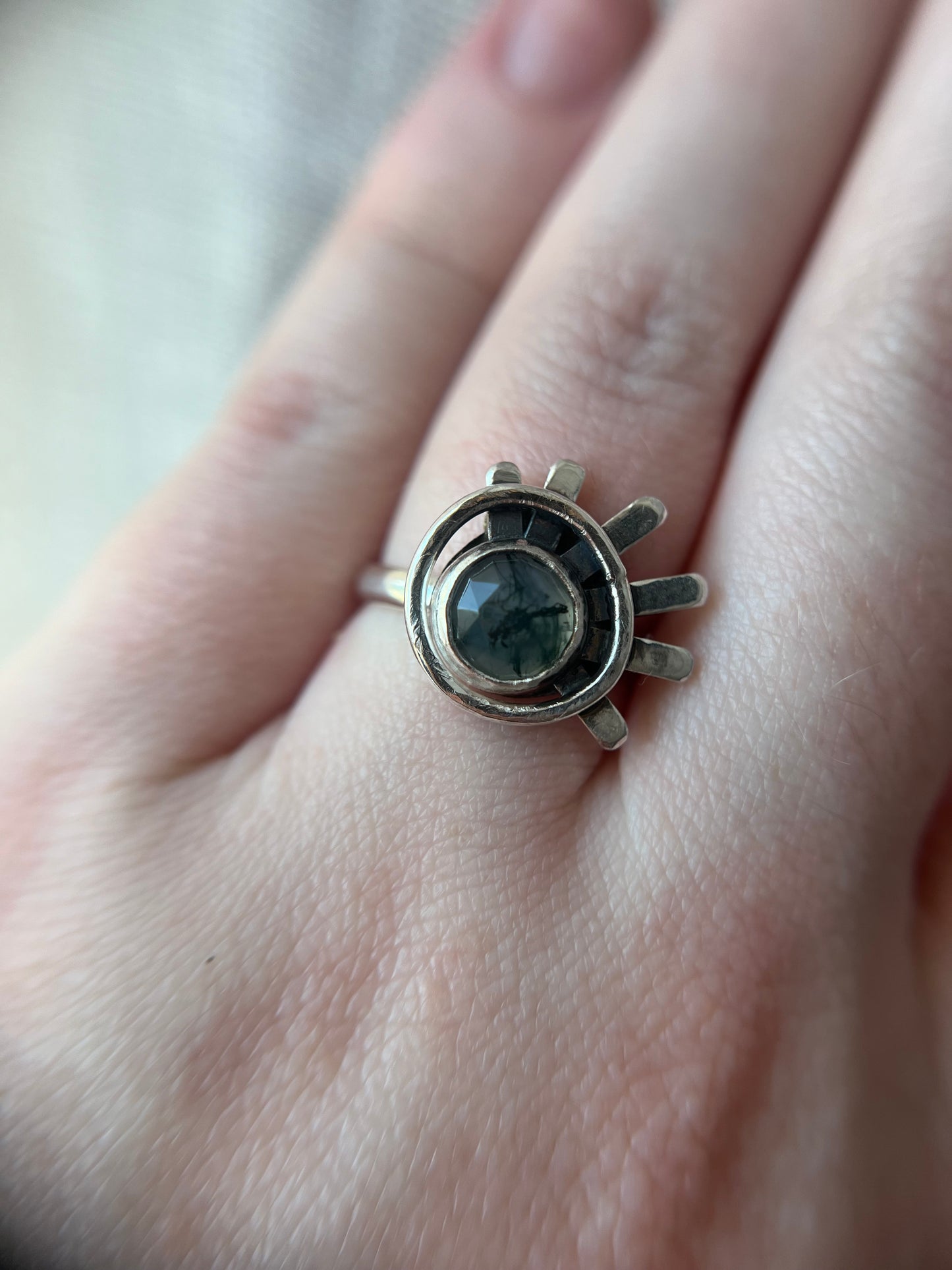 moss agate round offset rays ring