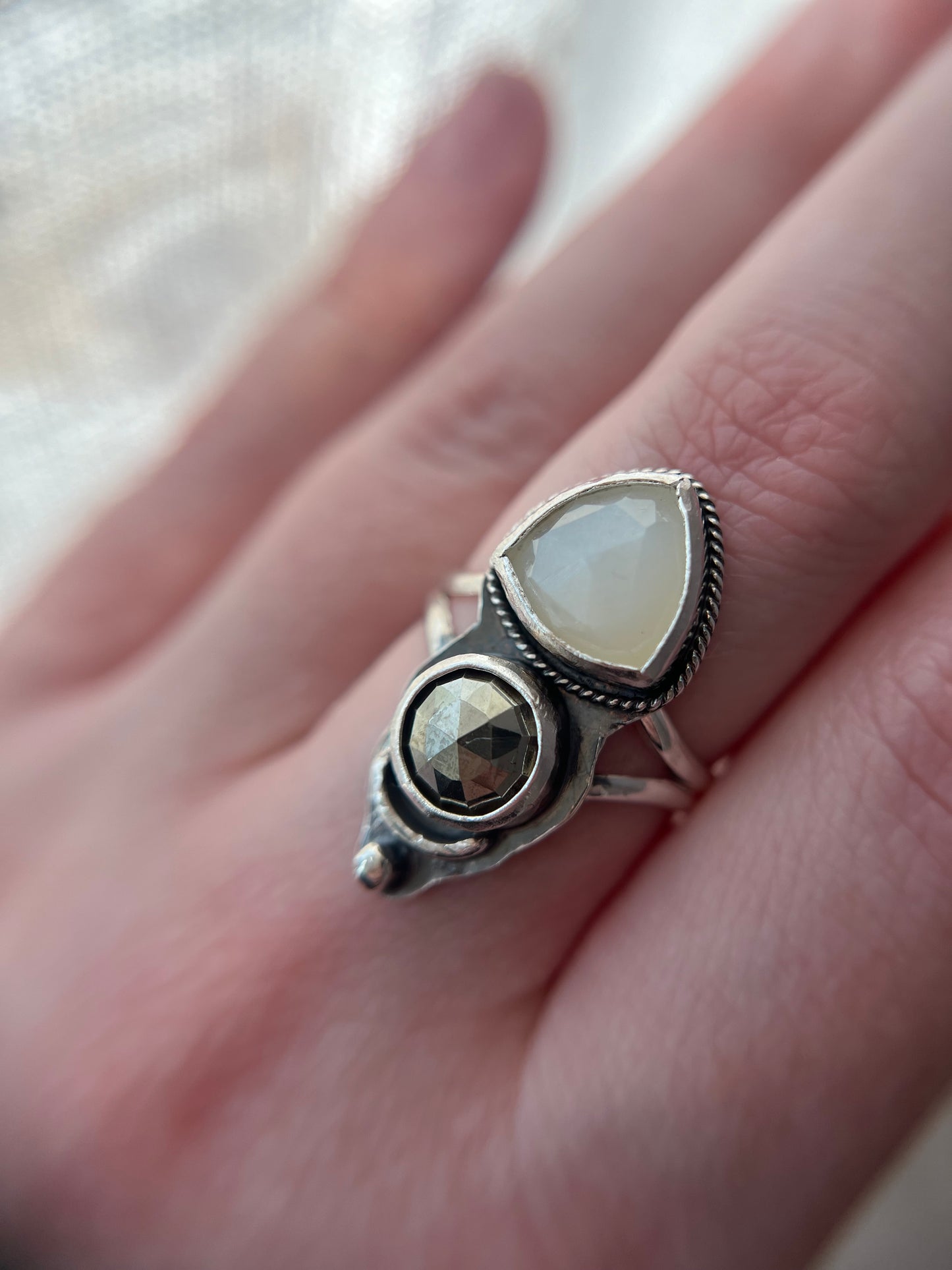 moonstone trillion pyrite round ring