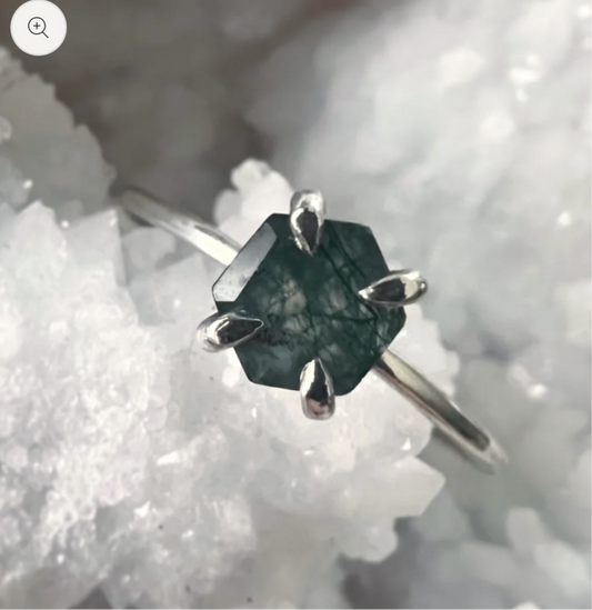 moss agate hexagon ring