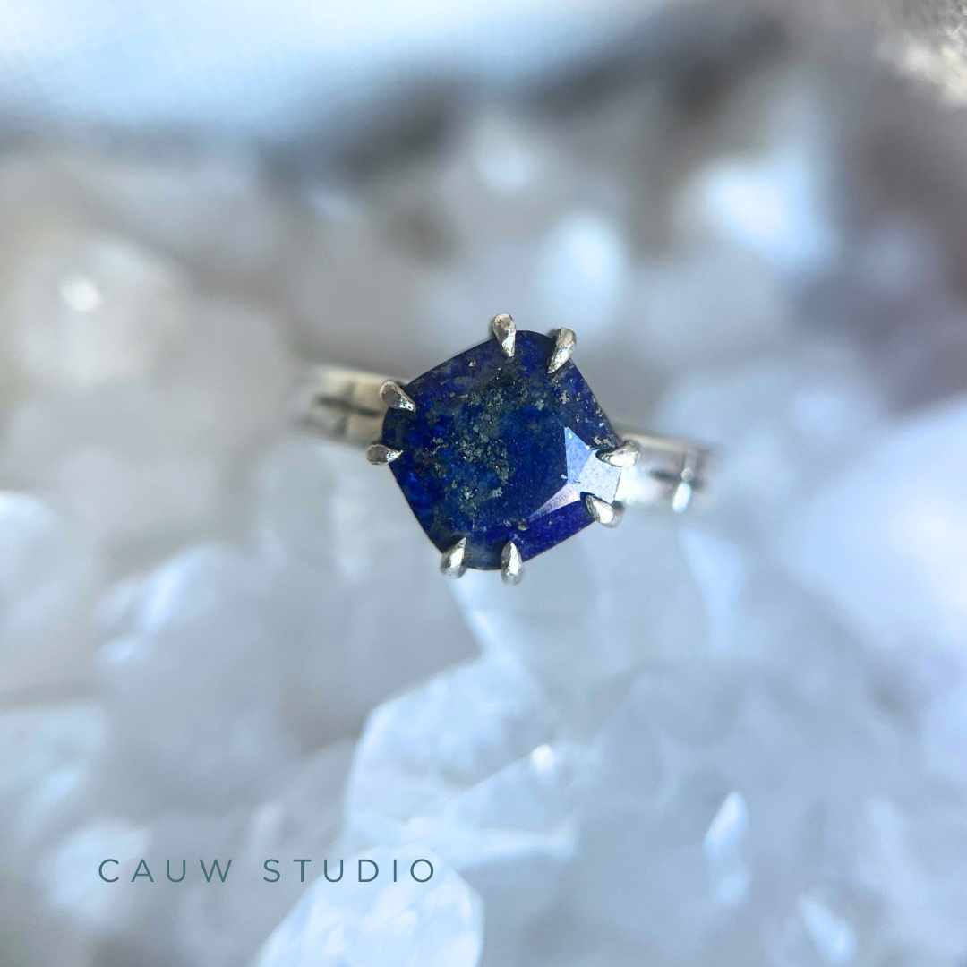 lapis lazuli cushion double prong ring - prototype