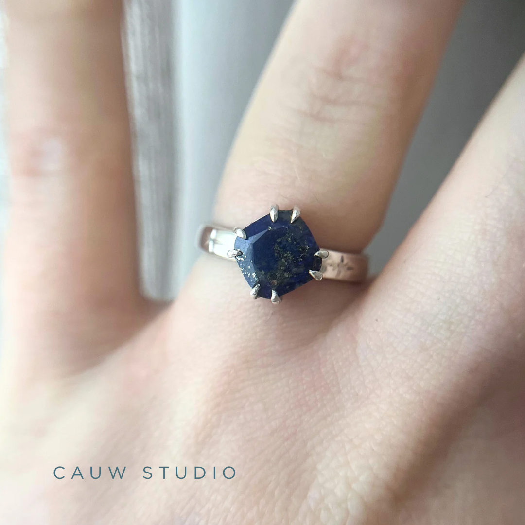 lapis lazuli cushion double prong ring - prototype